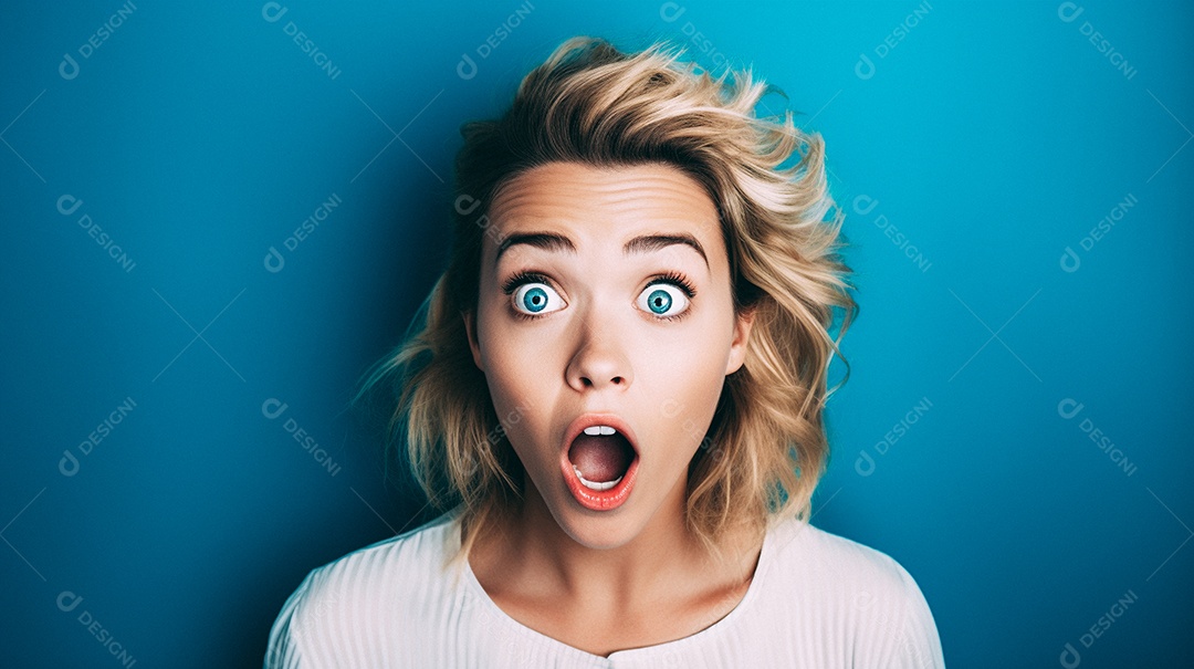 Mulher negra fazendo um olhar chocado em fundo colorido