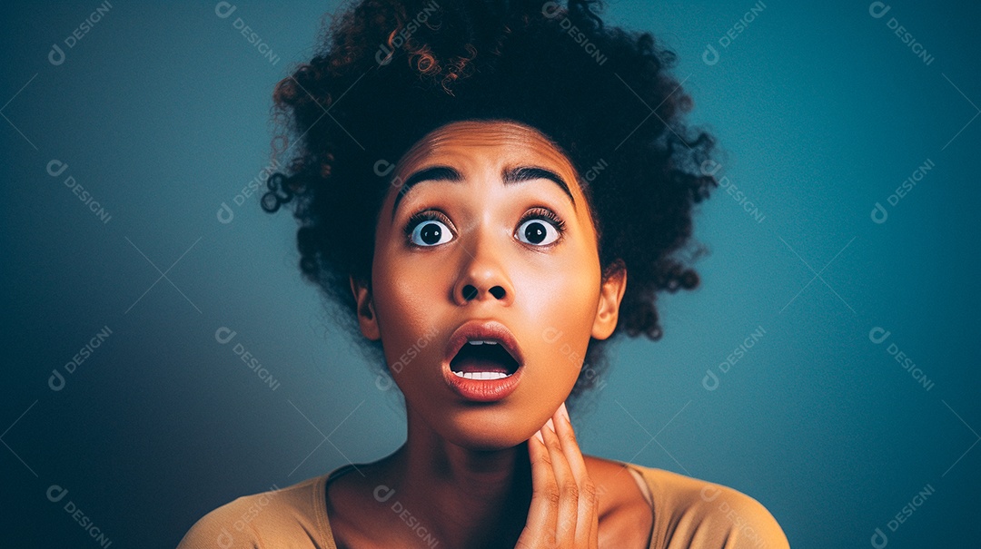 Mulher negra fazendo um olhar chocado em fundo colorido