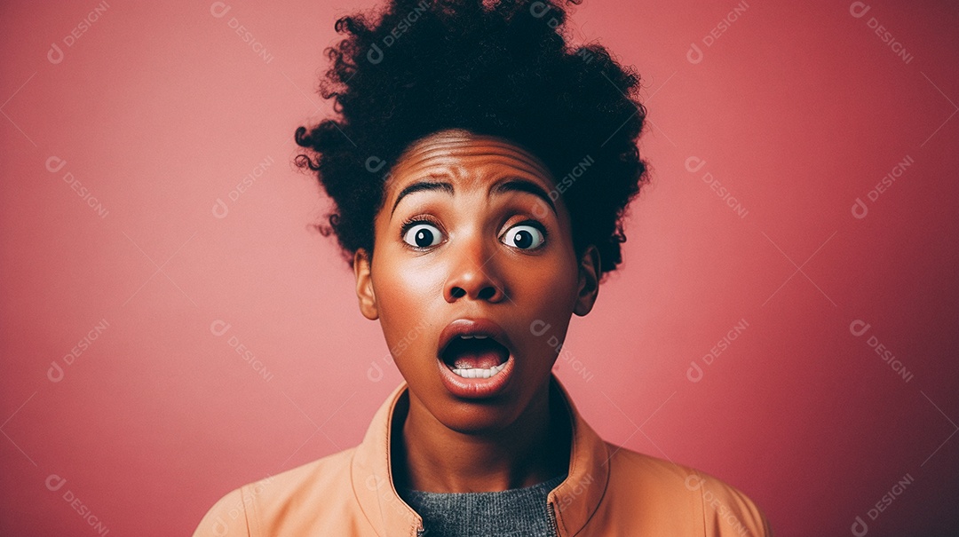 Mulher negra fazendo um olhar chocado em fundo colorido