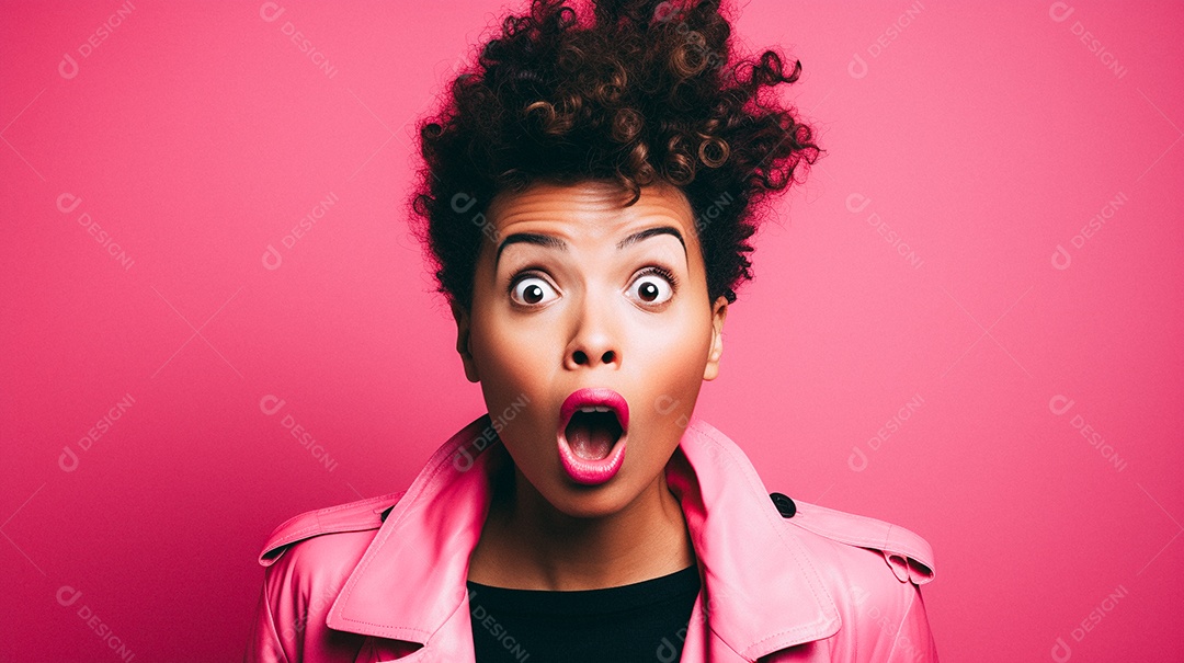 Mulher negra fazendo um olhar chocado em fundo colorido