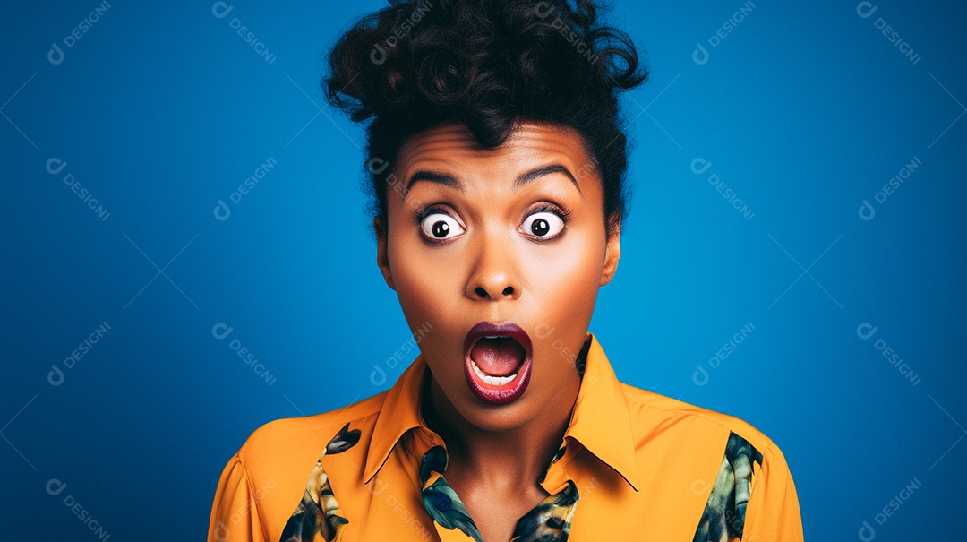 Mulher negra fazendo um olhar chocado em fundo colorido