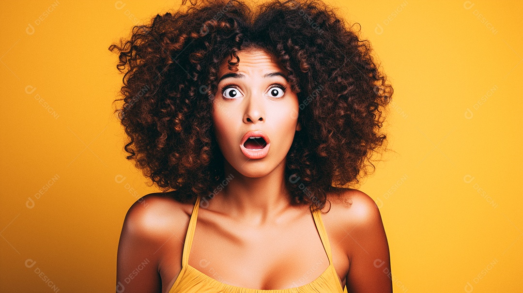 Mulher negra fazendo um olhar chocado em fundo colorido