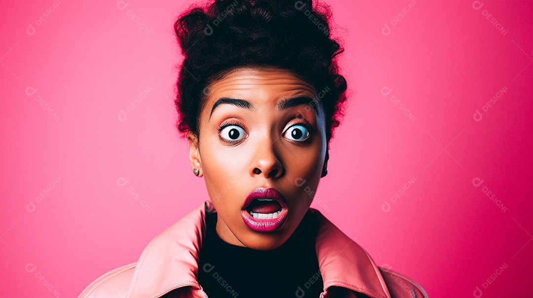 Mulher negra fazendo um olhar chocado em fundo colorido