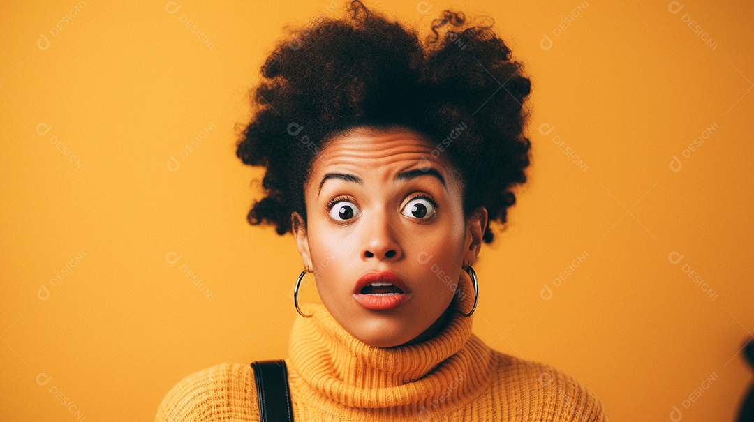 Mulher negra fazendo um olhar chocado em fundo colorido