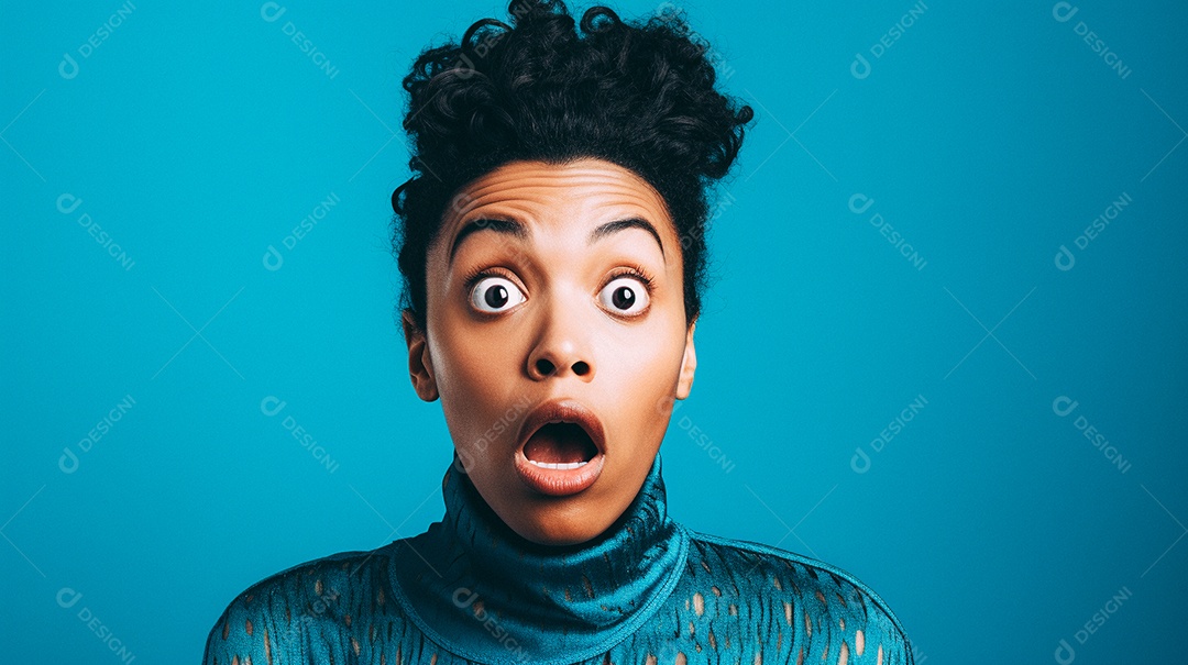 Mulher negra fazendo um olhar chocado em fundo colorido