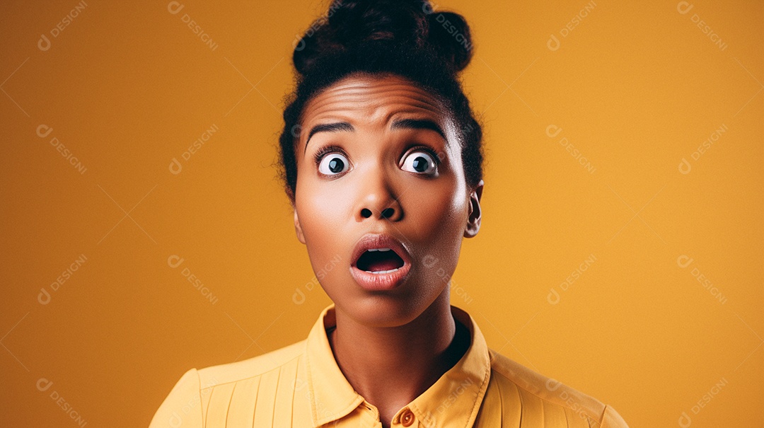 Mulher negra fazendo um olhar chocado em fundo colorido