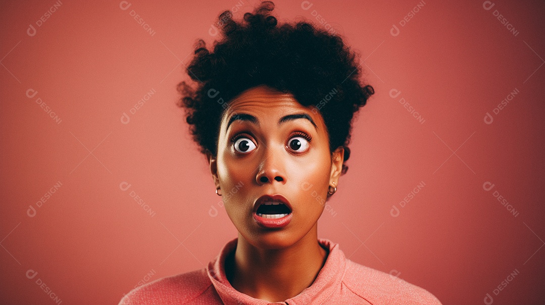 Mulher negra fazendo um olhar chocado em fundo colorido