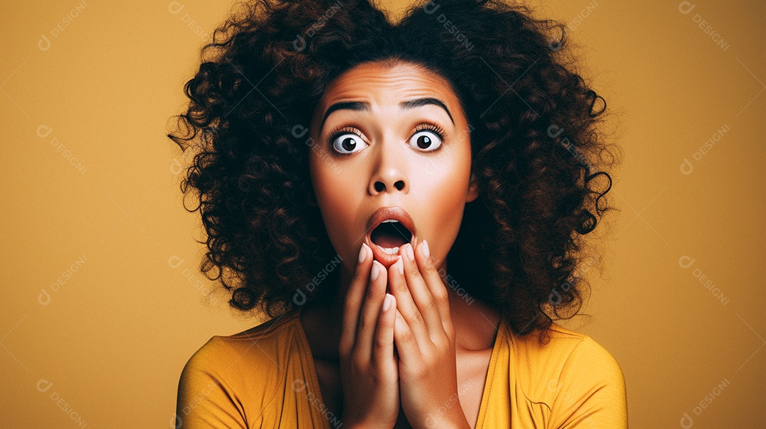 Mulher negra fazendo um olhar chocado em fundo colorido