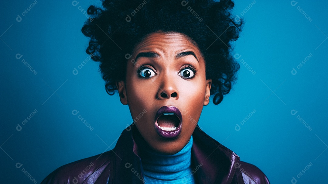 Mulher negra fazendo um olhar chocado em fundo colorido