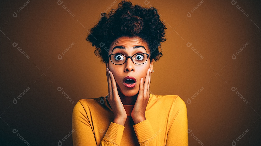 Mulher branca fazendo um olhar chocado em fundo bronzeado