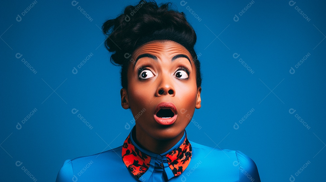 Mulher branca fazendo um olhar chocado em fundo bronzeado