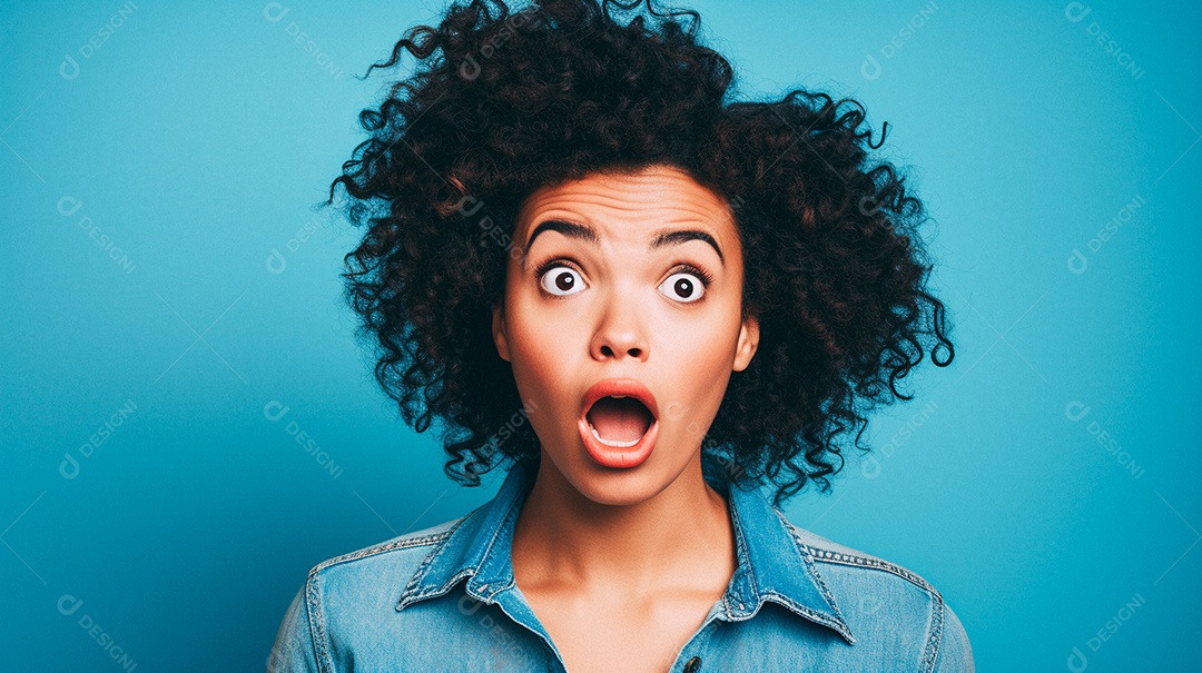 Mulher branca fazendo um olhar chocado em fundo bronzeado