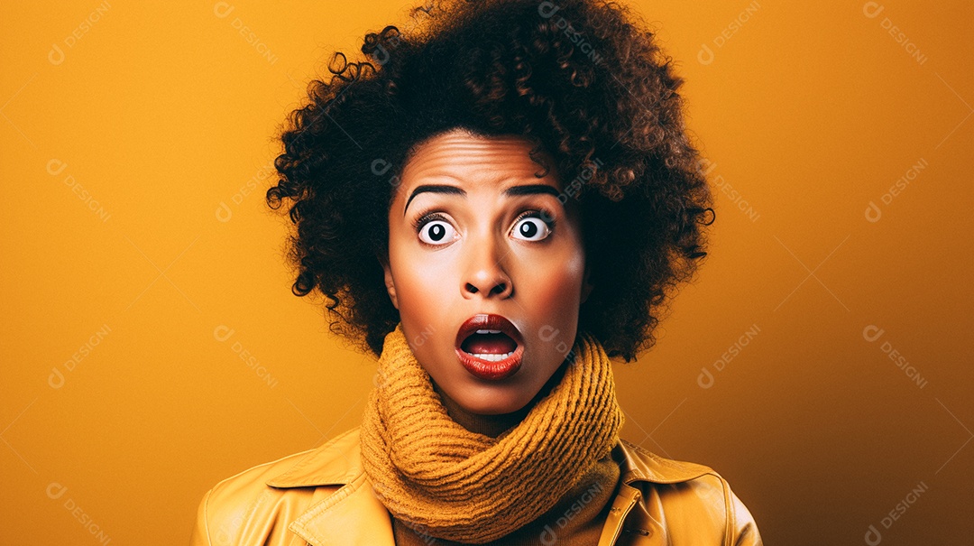 Mulher branca fazendo um olhar chocado em fundo bronzeado