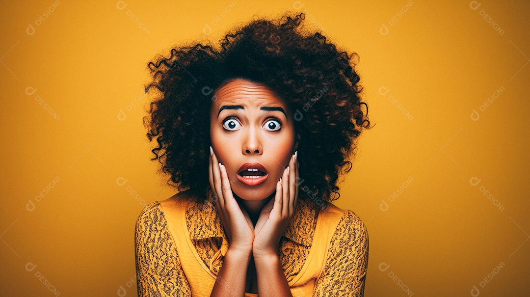 Mulher branca fazendo um olhar chocado em fundo bronzeado