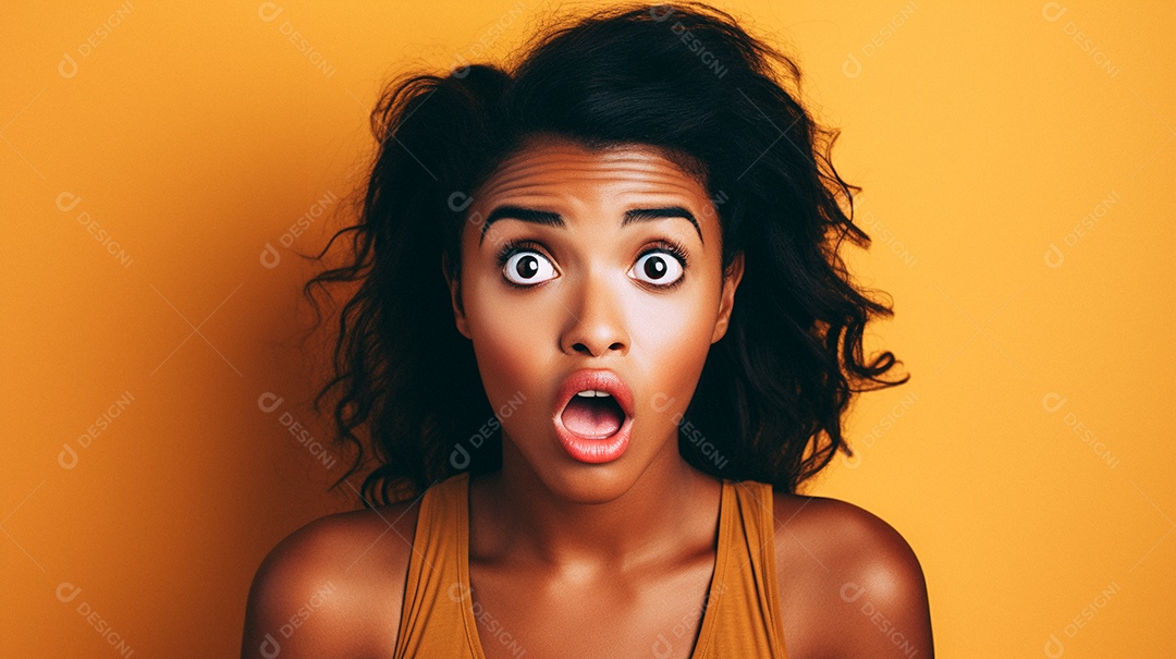 Mulher branca fazendo um olhar chocado em fundo bronzeado