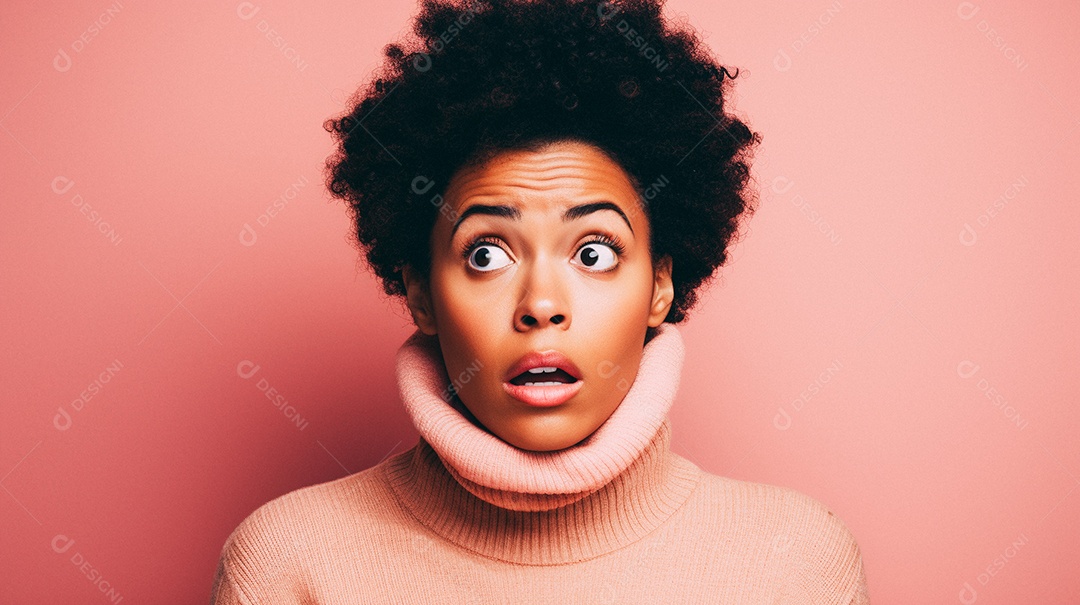 Mulher branca fazendo um olhar chocado em fundo bronzeado