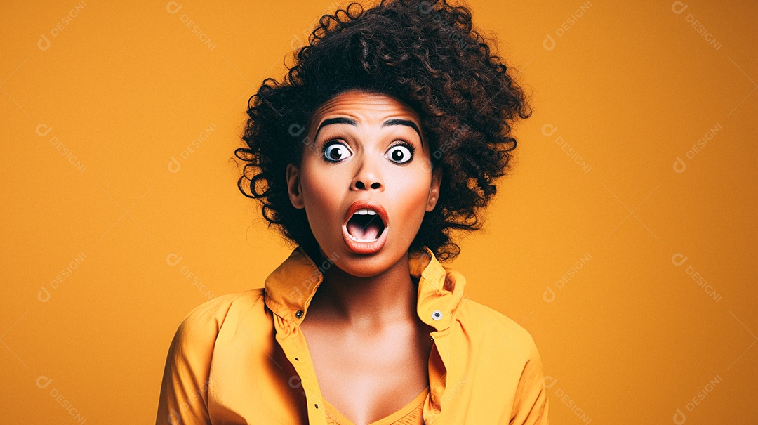 Mulher branca fazendo um olhar chocado em fundo bronzeado