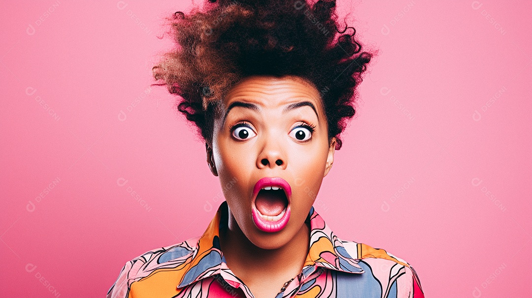 Mulher branca fazendo um olhar chocado em fundo bronzeado