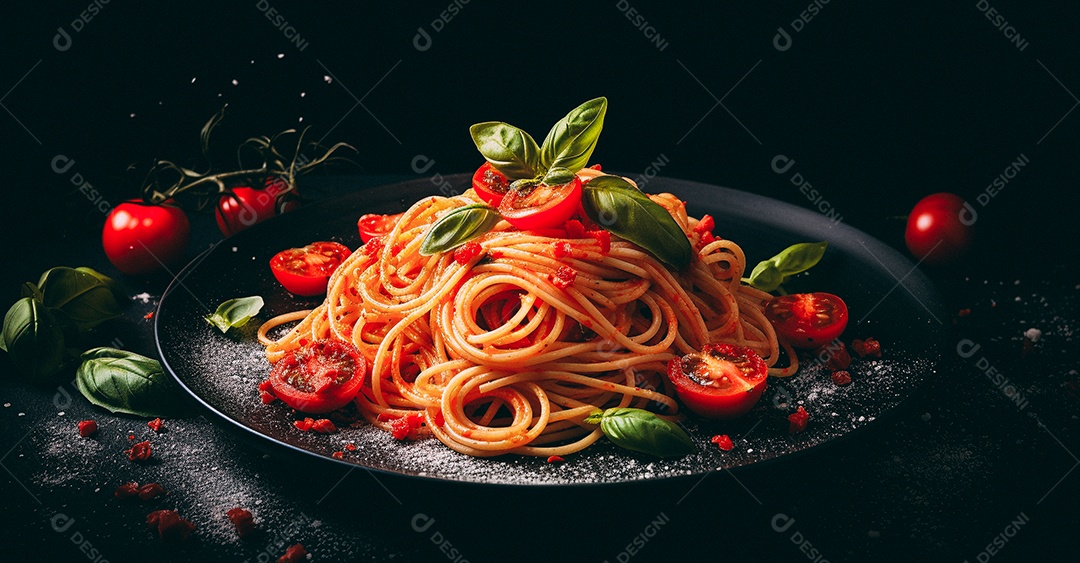 Espaguete com tomate e molho de manjericão em fundo preto