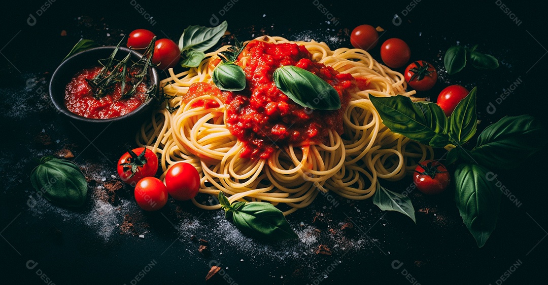 Espaguete com tomate e molho de manjericão em fundo preto