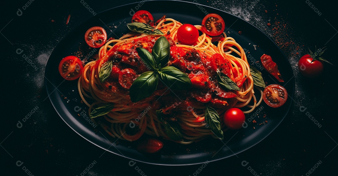 Espaguete com tomate e molho de manjericão em fundo preto