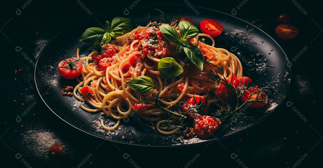 Espaguete com tomate e molho de manjericão em fundo preto