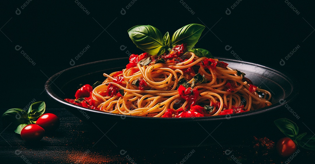 Espaguete com tomate e molho de manjericão em fundo preto
