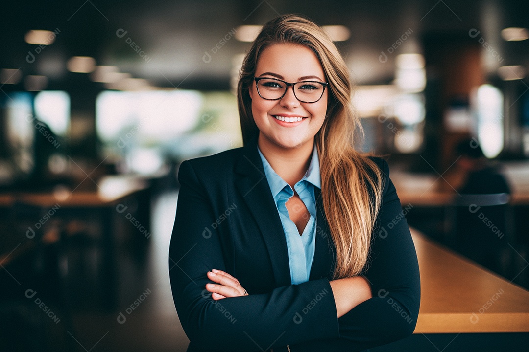 Mulher gorda que está sorrindo e cruzando os braços