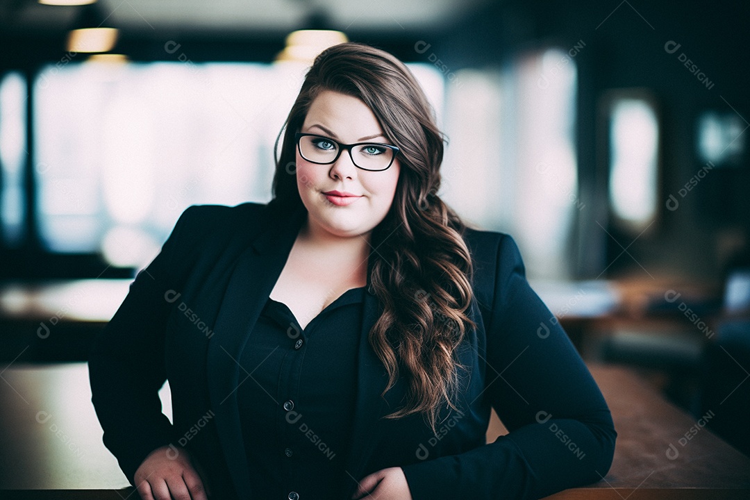 Mulher gorda que está sorrindo e cruzando os braços