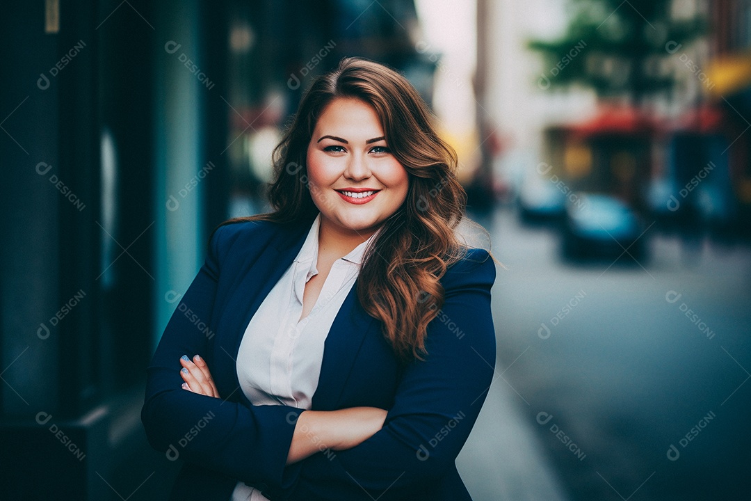 Mulher gorda que está sorrindo e cruzando os braços
