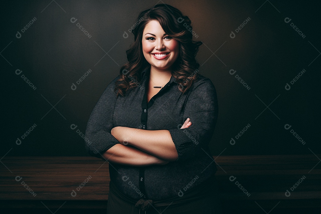 Mulher gorda que está sorrindo e cruzando os braços