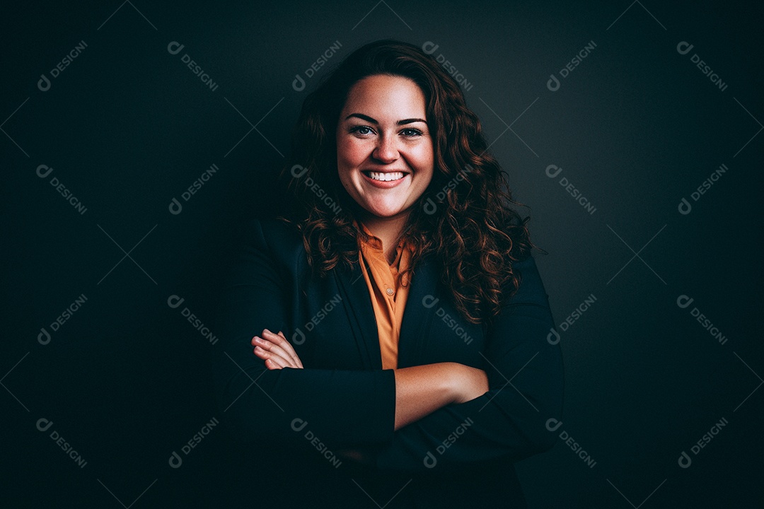 Mulher gorda que está sorrindo e cruzando os braços