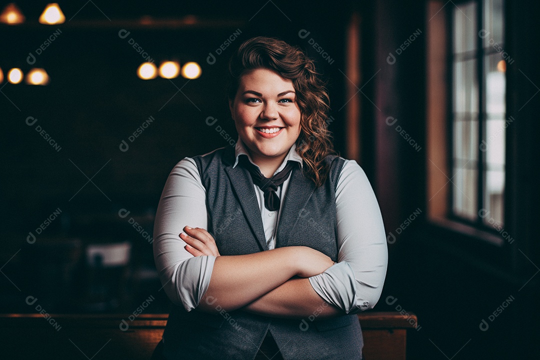 Mulher gorda que está sorrindo e cruzando os braços