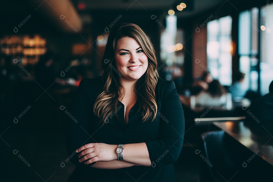 Mulher gorda que está sorrindo e cruzando os braços