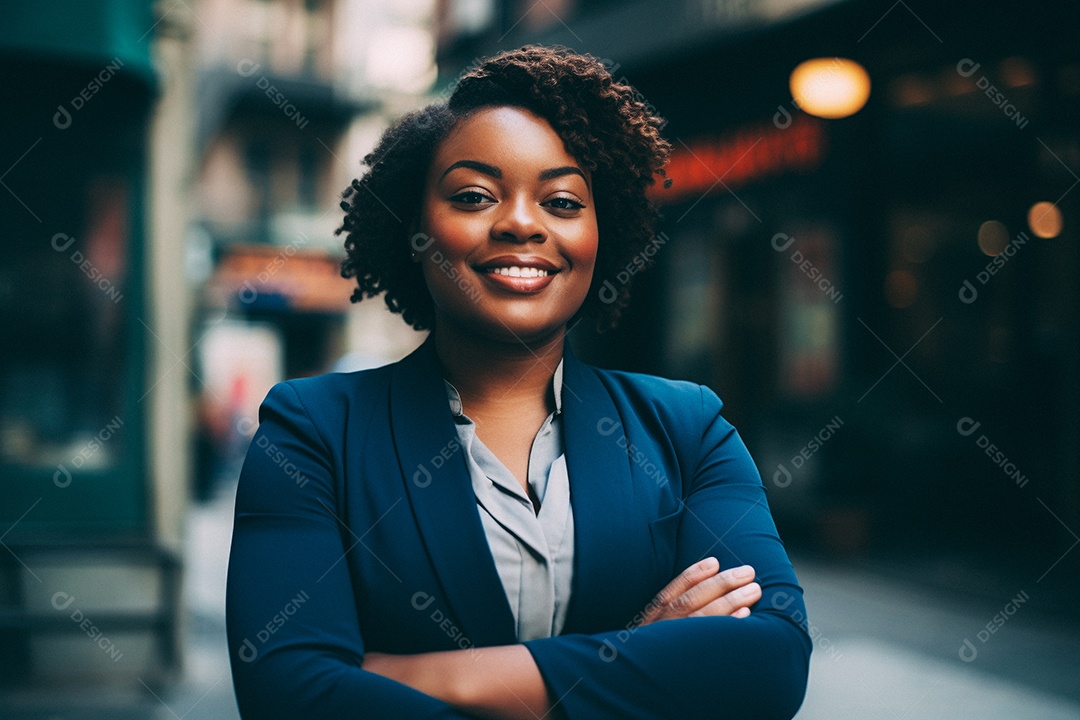 Mulher gorda que está sorrindo e cruzando os braços