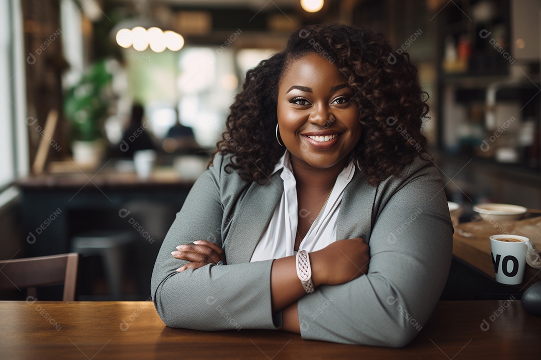 Mulher gorda que está sorrindo e cruzando os braços
