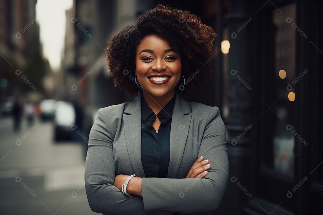 Mulher gorda que está sorrindo e cruzando os braços
