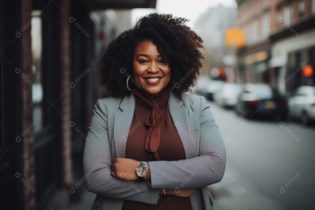 Mulher gorda que está sorrindo e cruzando os braços