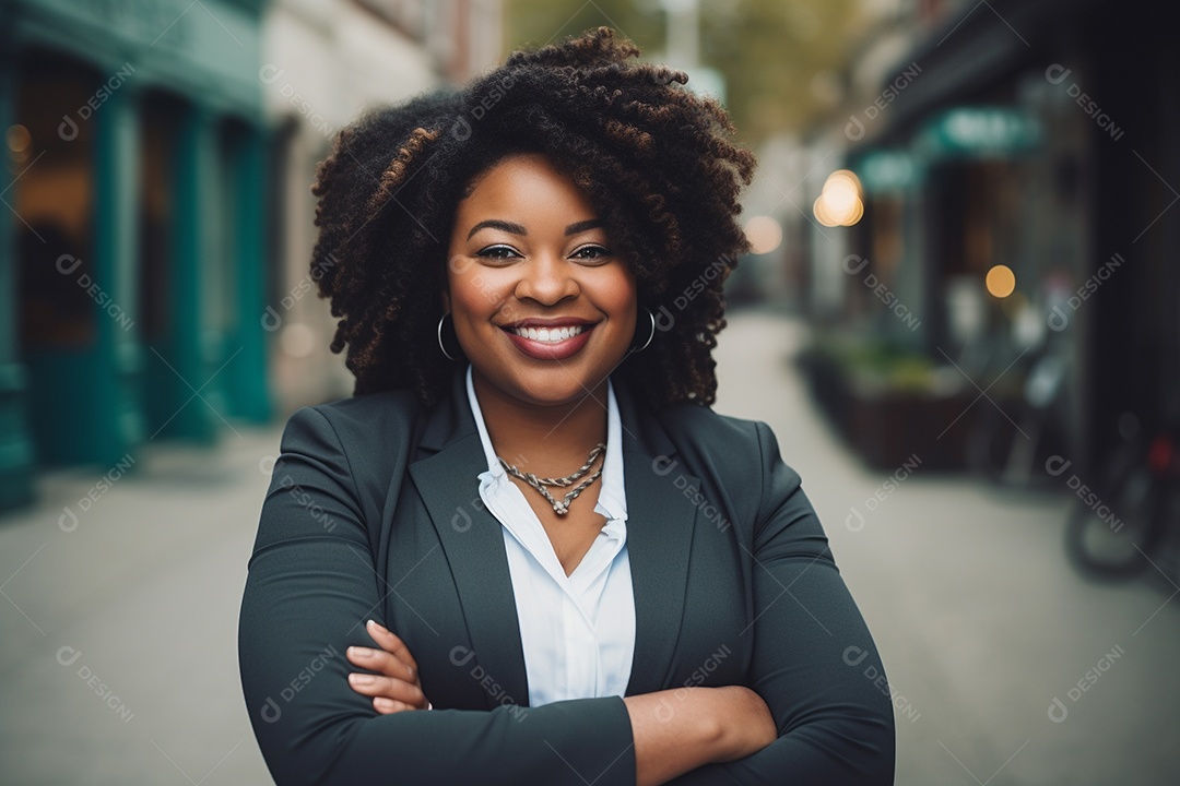 Mulher gorda que está sorrindo e cruzando os braços