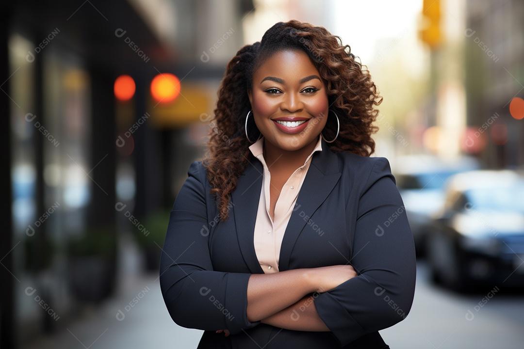 Mulher gorda que está sorrindo e cruzando os braços