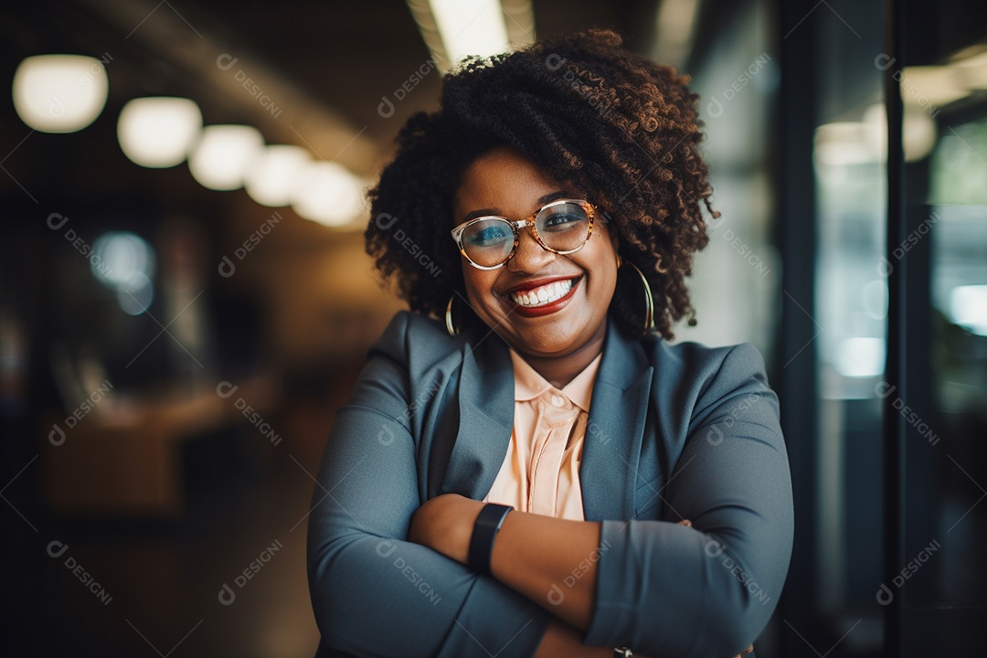 Mulher gorda que está sorrindo e cruzando os braços
