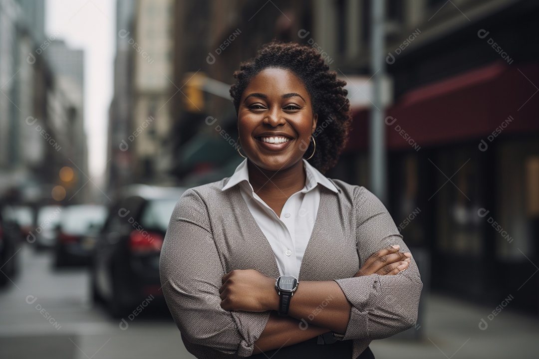 Mulher gorda que está sorrindo e cruzando os braços