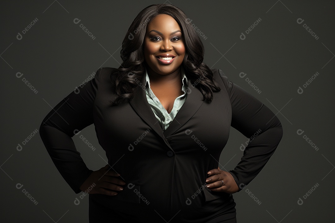 Mulher gorda que está sorrindo e cruzando os braços