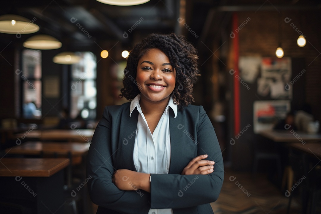 Mulher gorda que está sorrindo e cruzando os braços