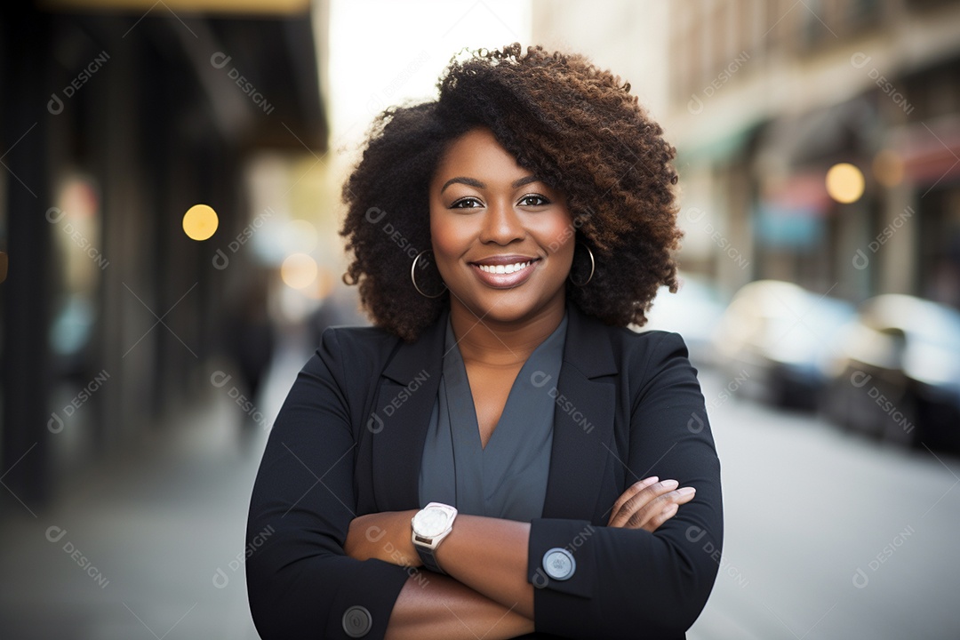 Mulher gorda que está sorrindo e cruzando os braços