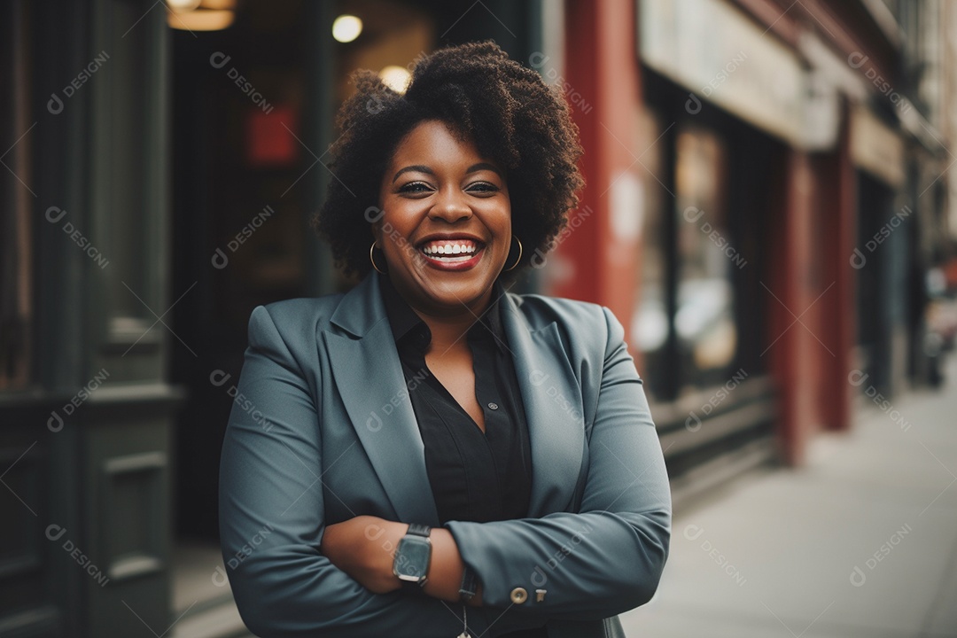 Mulher gorda que está sorrindo e cruzando os braços