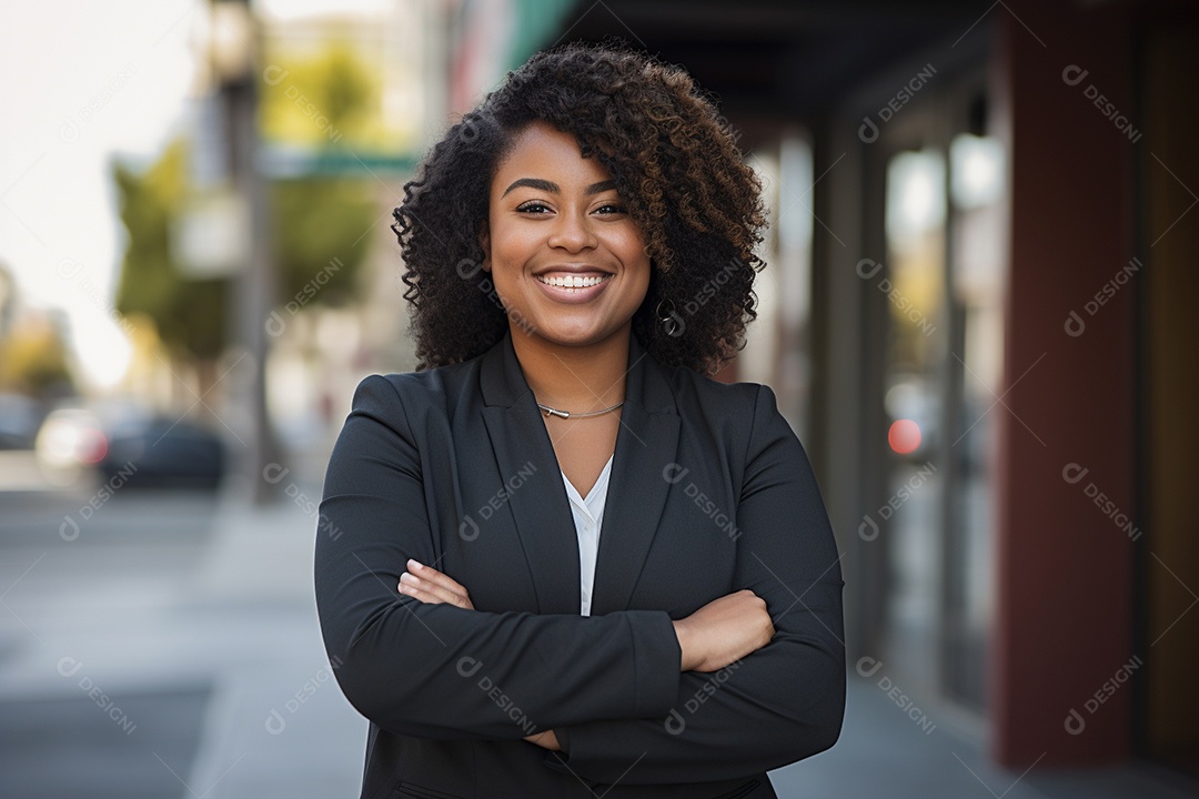 Mulher gorda que está sorrindo e cruzando os braços