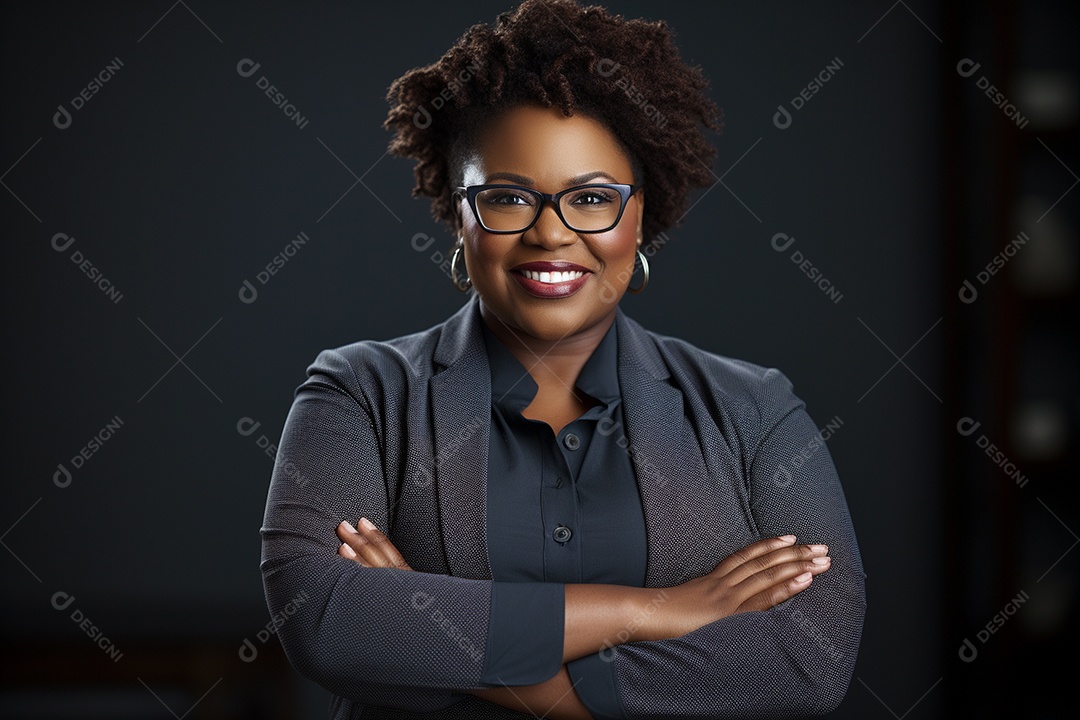 Mulher gorda que está sorrindo e cruzando os braços