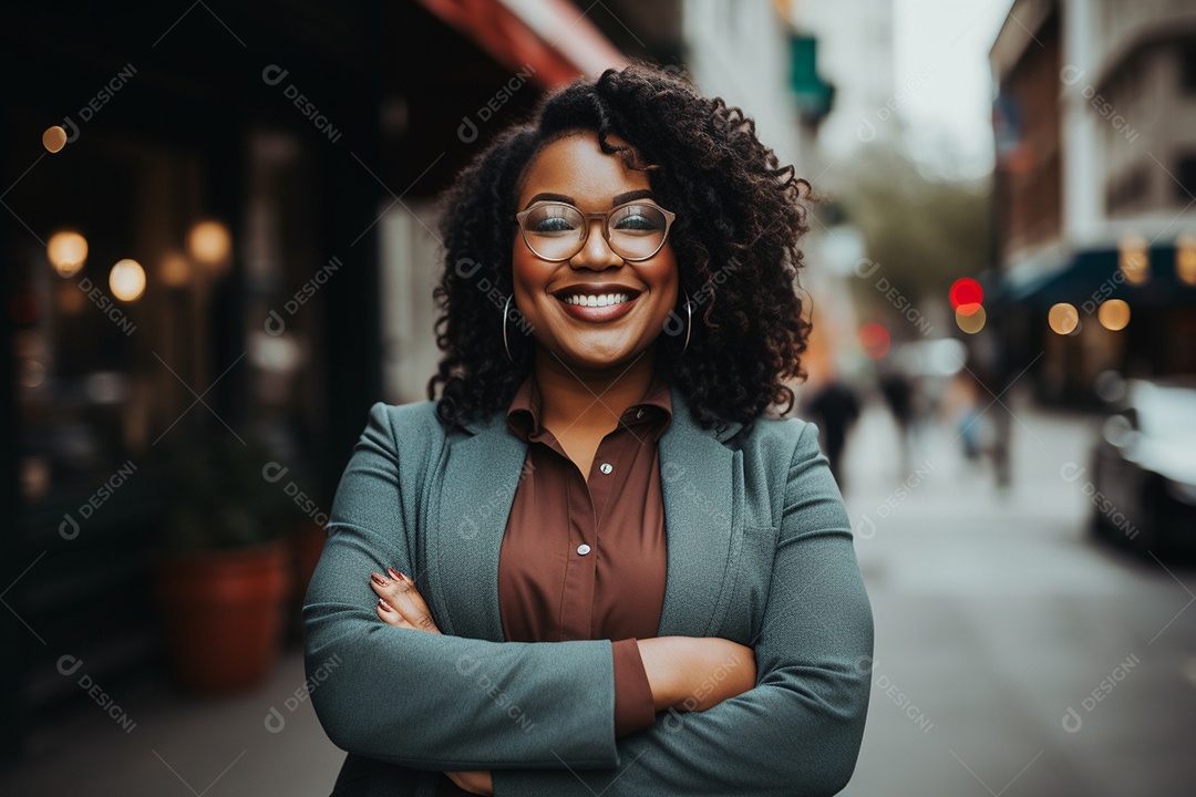Mulher gorda que está sorrindo e cruzando os braços