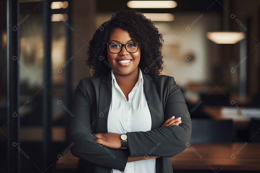 Mulher gorda que está sorrindo e cruzando os braços